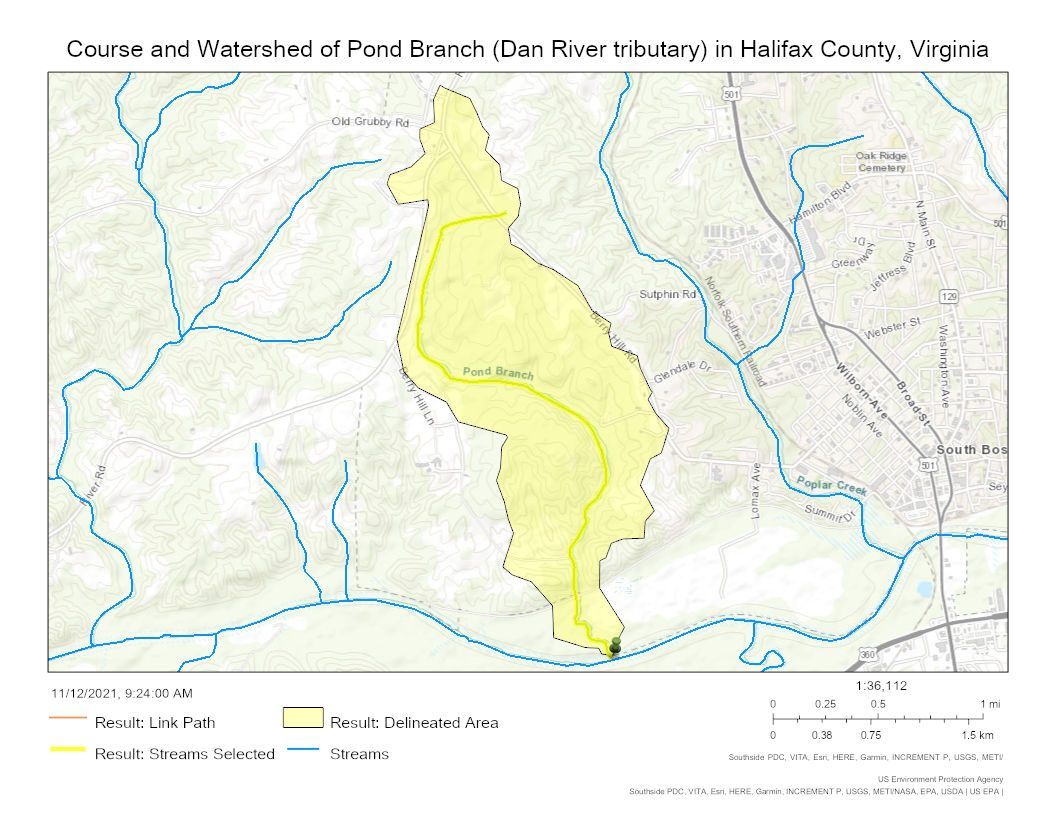 Course and Watershed of Pond Branch (Dan River tributary) in Halifax County, Virginia, USA