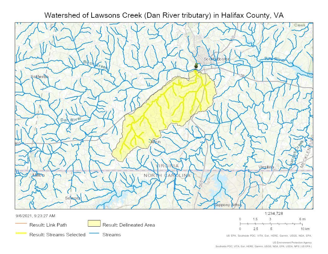 Watershed of Lawsons Creek (Dan River tributary) in Halifax County, Virginia, USA